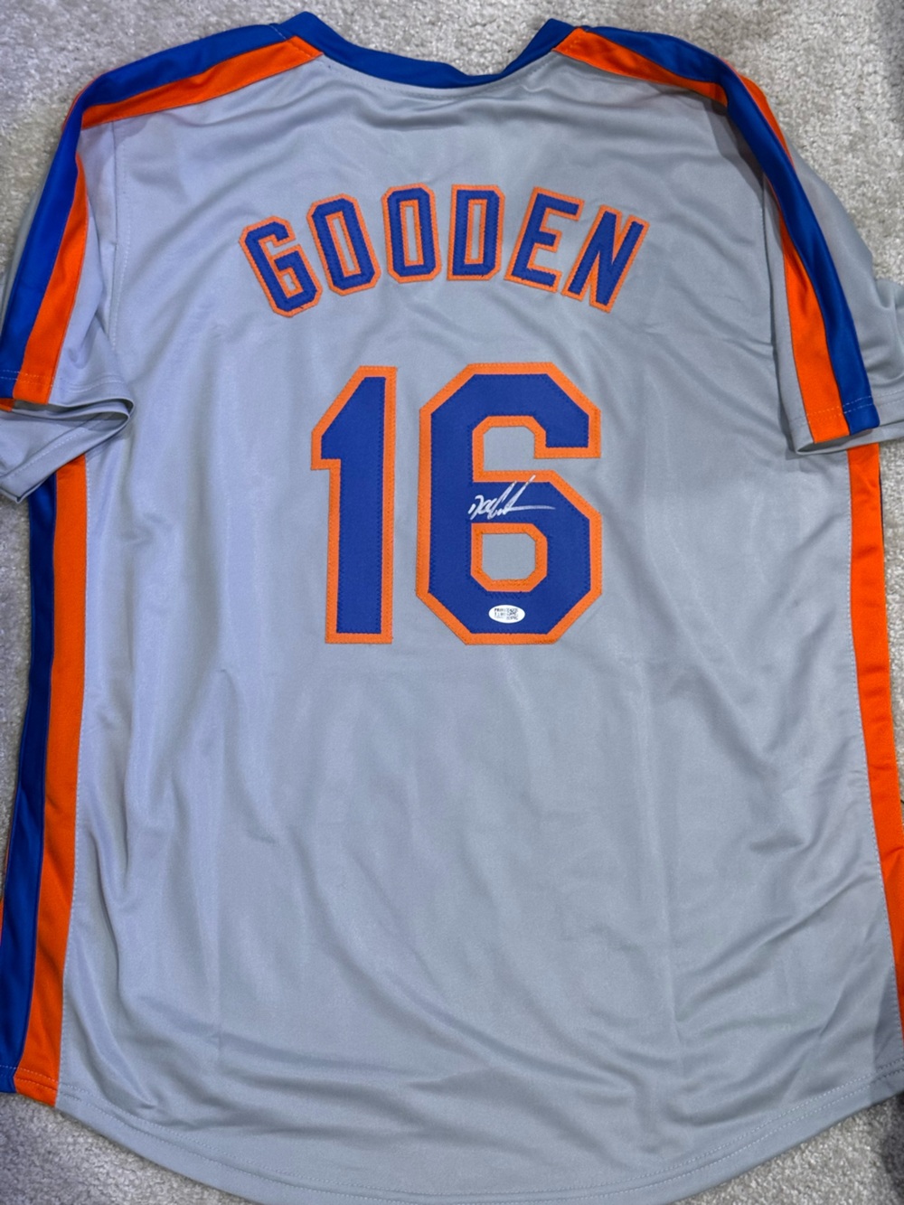 Doc Gooden signed NY Mets gray jersey blue and orange side stripes beautiful